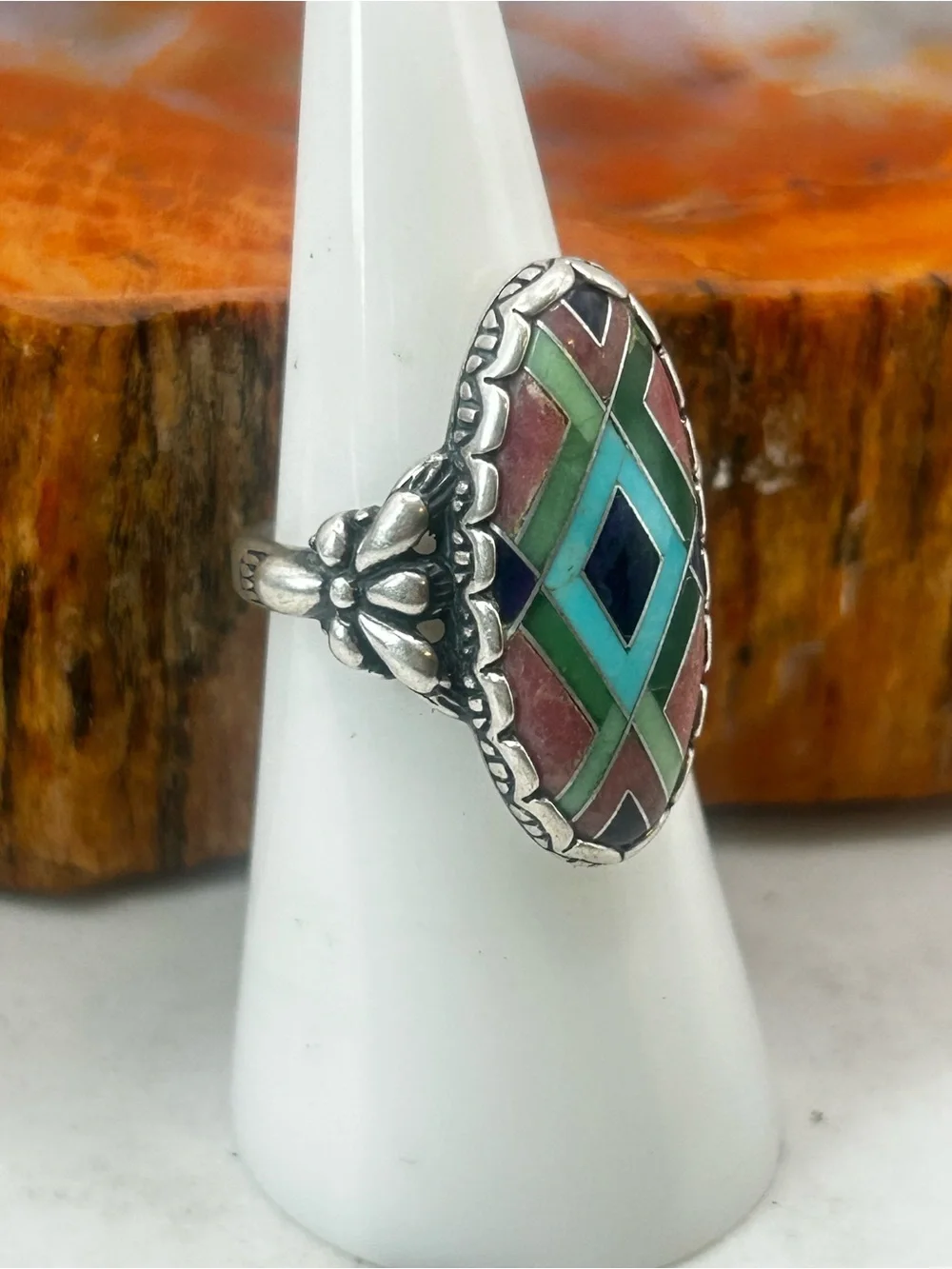 Carolyn Pollack Designer Ring, Southwest Style Sterling Silver w/ stone inlay